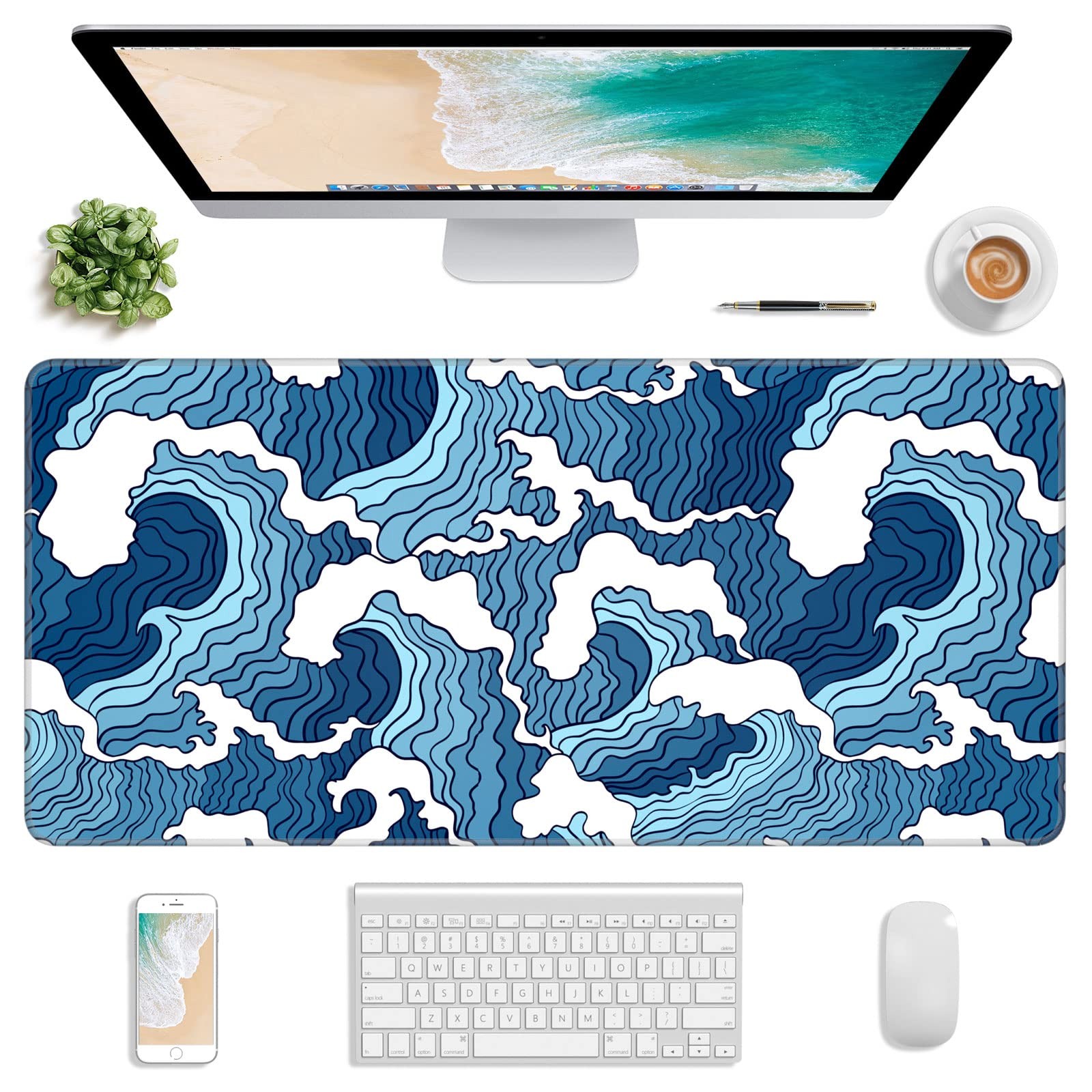Extended Gaming Mouse Pad, Japanese Blue White Wave Mousepad, XL Large Mouse ...