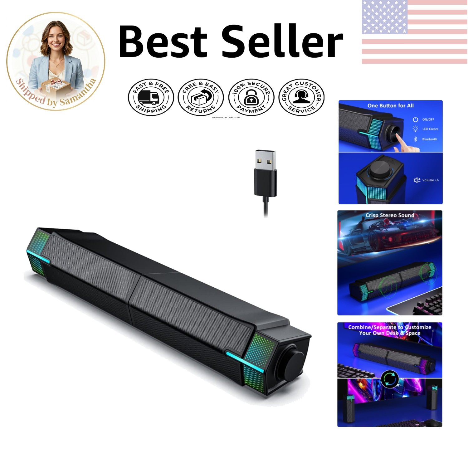M20 Bluetooth Soundbar Speakers - 10W Stereo with RGB Lighting for Gaming & PC