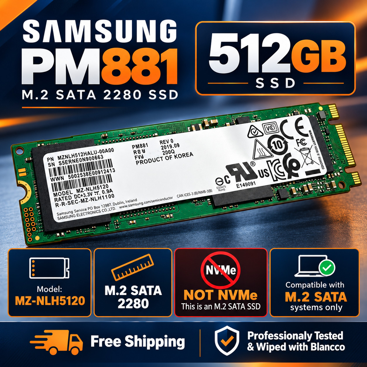 Samsung 512GB M.2 NGFF MZ-NLH5120 PM881 MZNLH512HALU-00A00 B+M KEY SSD 2280