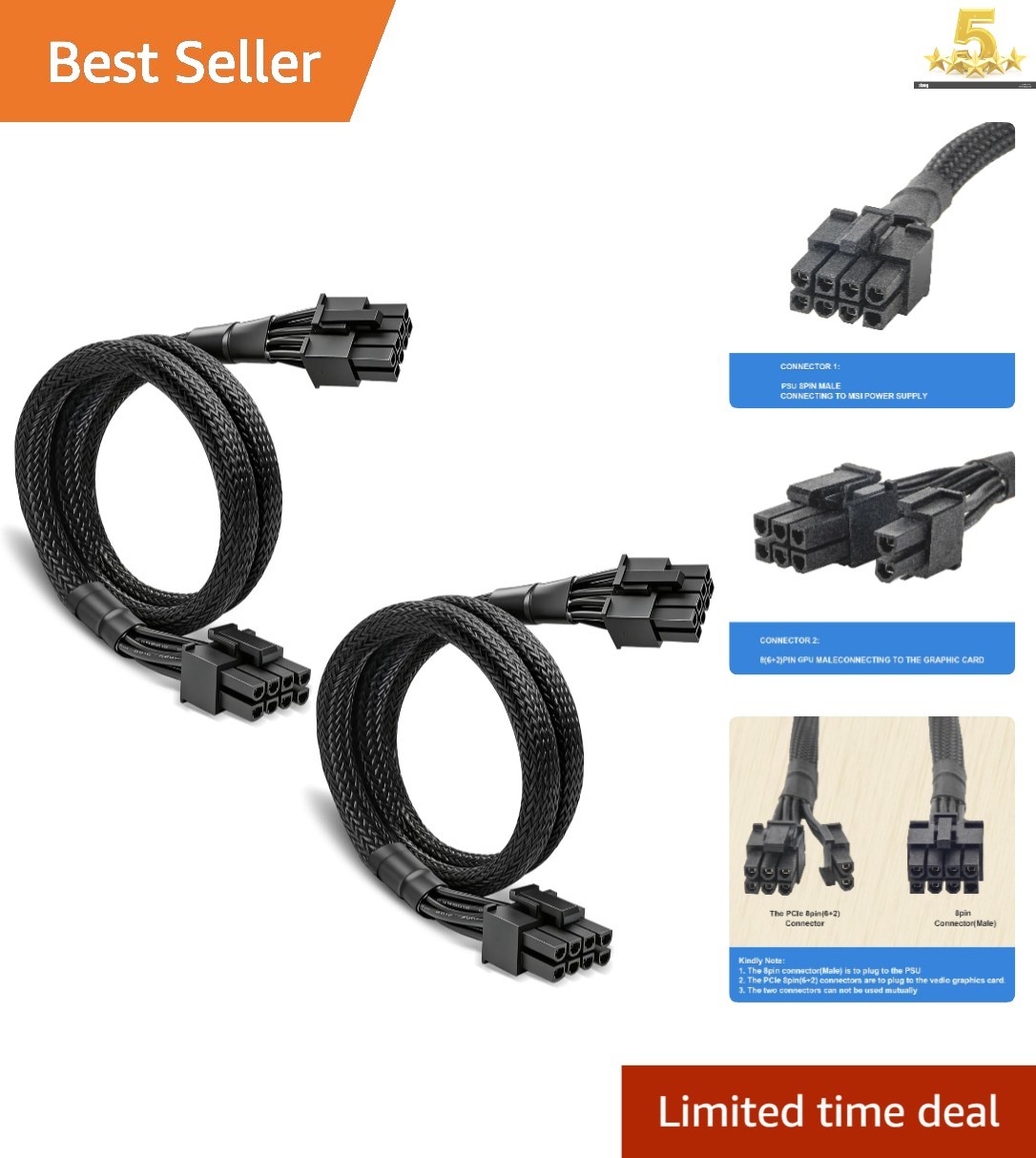 MSI Power Supply 2 Pack PCIe Cables - 8 Pin Male Connections for Graphics Cards