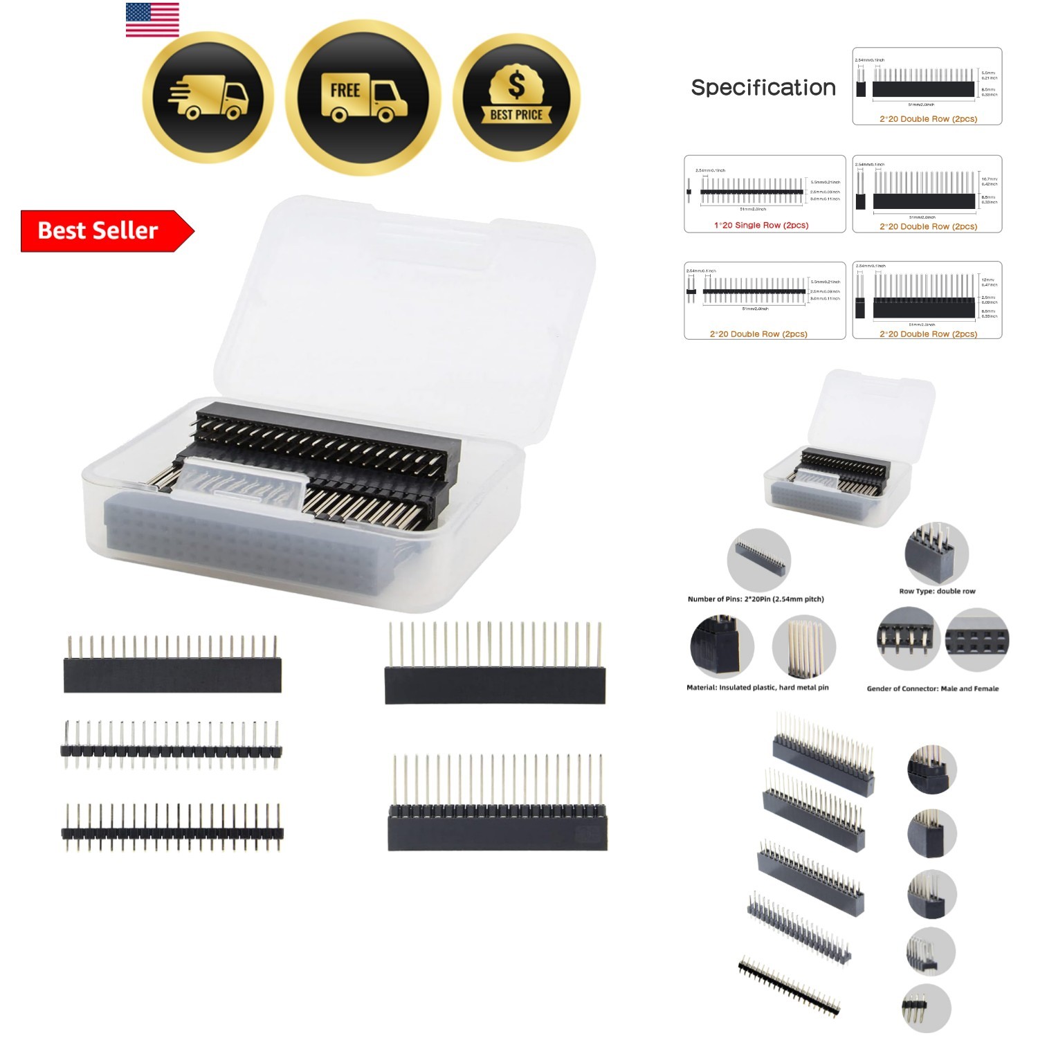 2x20 40 Pin Stacking Female Header Kit for Raspberry Pi - 5 Specifications, 1...
