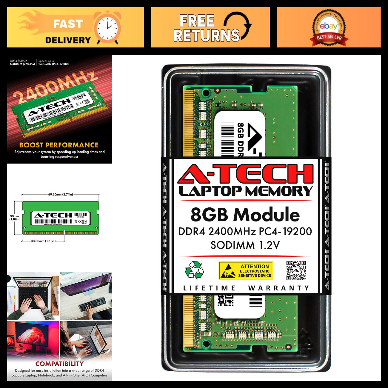 8GB DDR4 2400MHz SODIMM Laptop RAM Memory Module PC4-19200 CL17 Non-ECC Upgrade