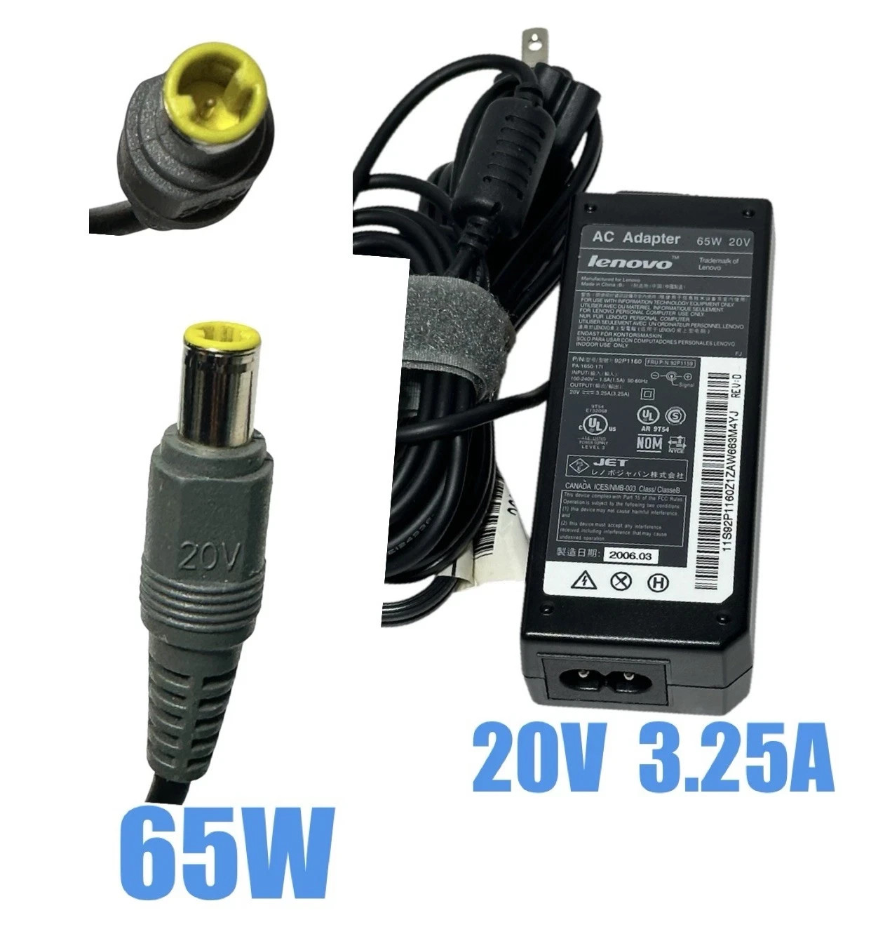 Genuine Lenovo ThinkPad Laptop AC Charger Power Adapter 65W 20V 3.25A ROUND TIP