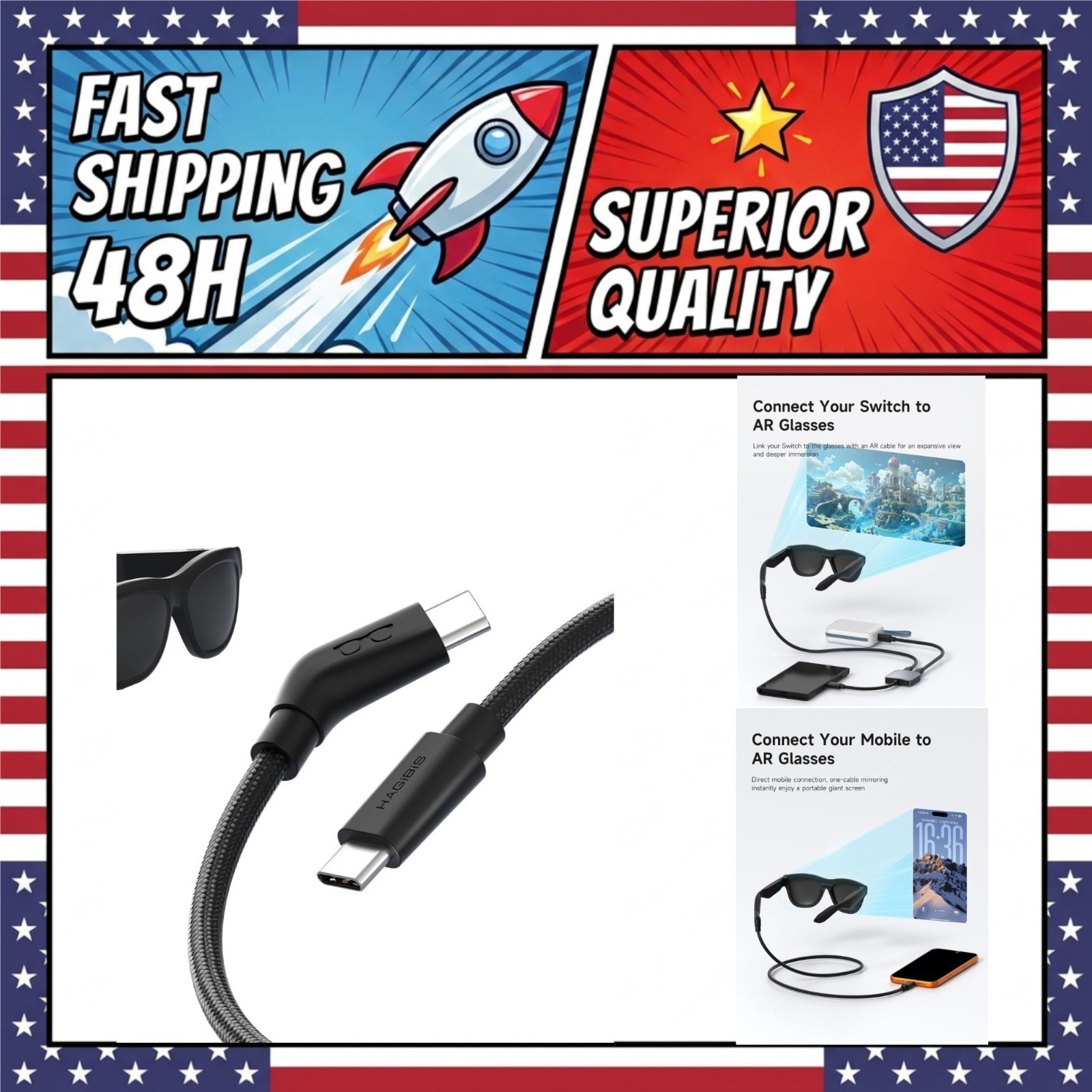 Hagibis USB-C Cable for AR Glasses 10Gbps 4K60Hz 240W Wedge Joint 3.3ft