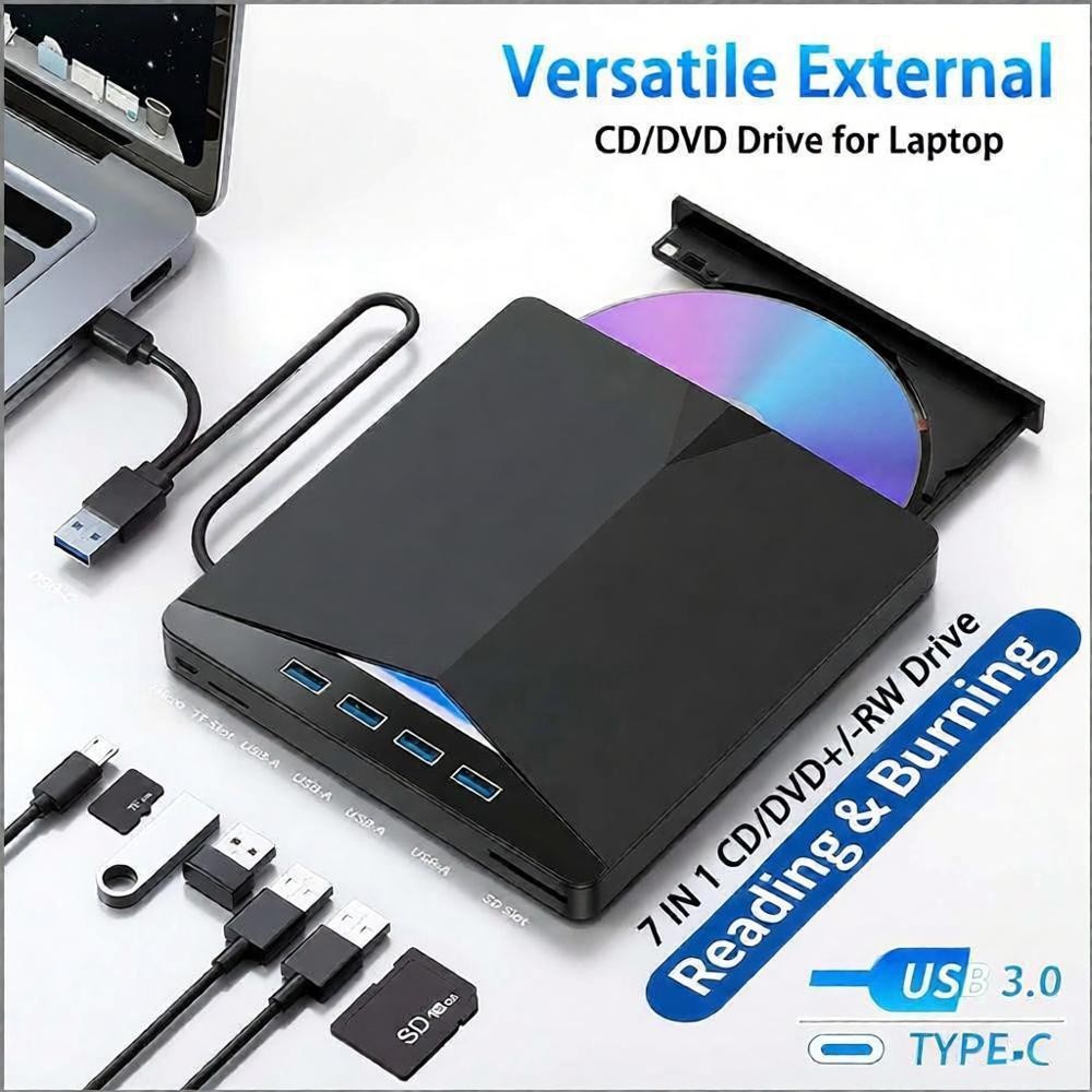 7 in 1 External USB 3.0 DVD CD RW Writer Drive Burner Reader Player For Laptop
