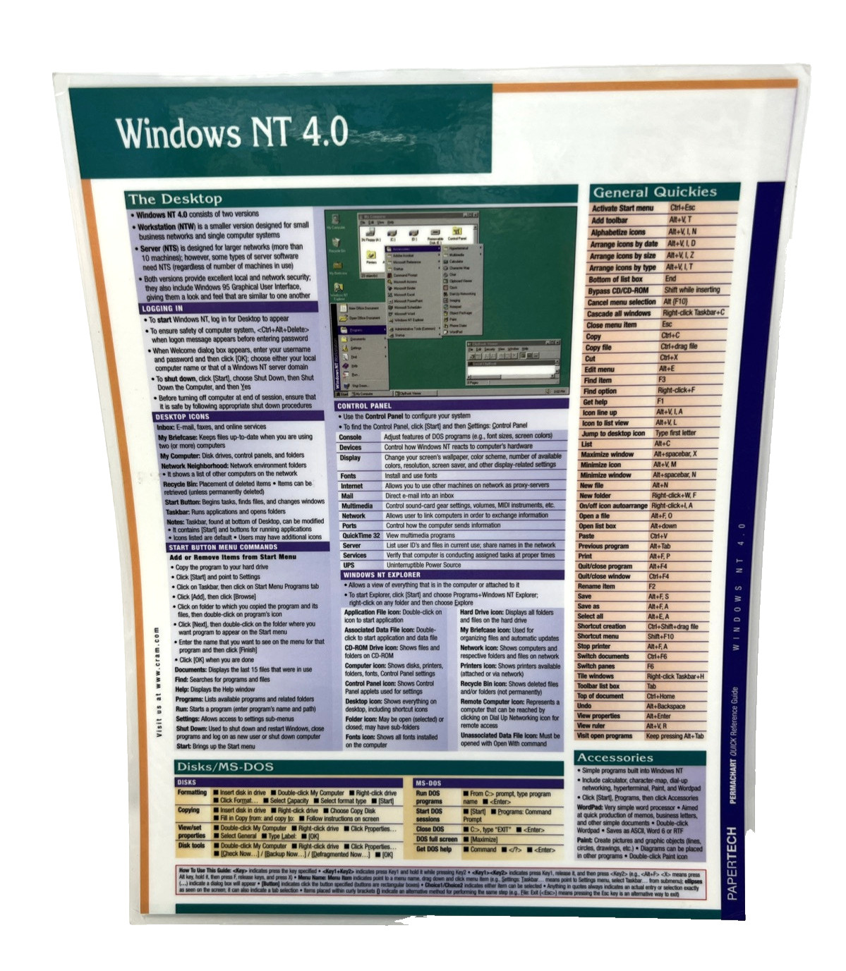 Vintage Windows NT 4.0 Permachart Quick Reference Guide By Papertech, Laminated 
