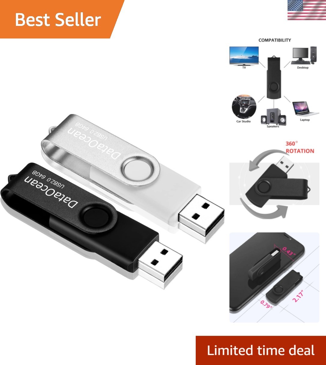 2 Pack 64GB USB 2.0 Flash Drive Memory Stick Thumb Drives Swivel Design2 X 64...