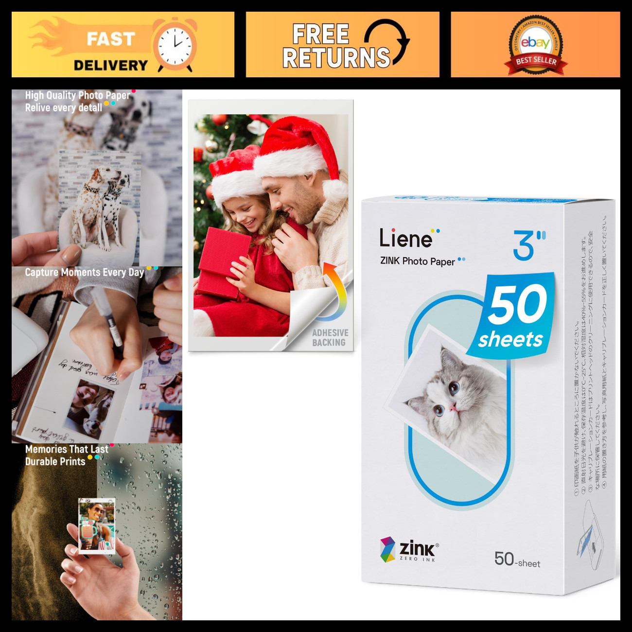 Premium 2x3" Photo Paper 50 Sheets - Adhesive, Waterproof, Smudge Proof, Instant