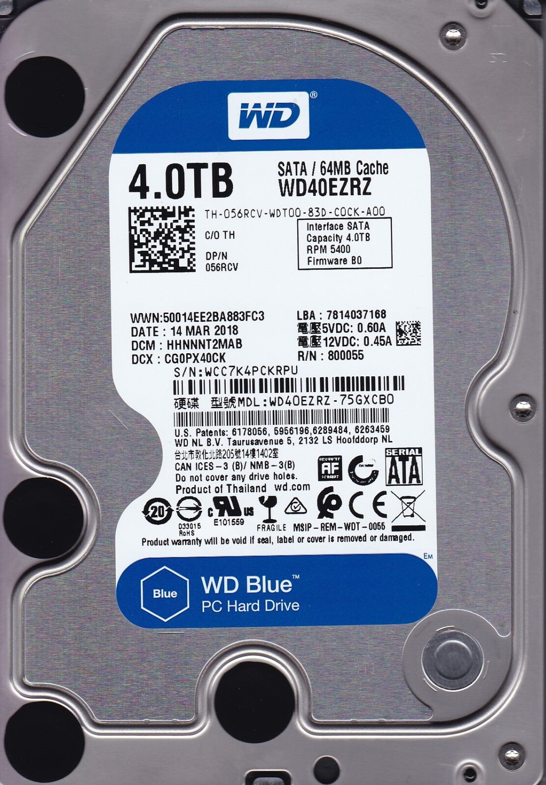 WD40EZRZ-75GXCB0 dcm: HHNNNT2MAB sn: WCC7K MAR/2018 4TB SATA 3.5 WESTERN DIGITAL