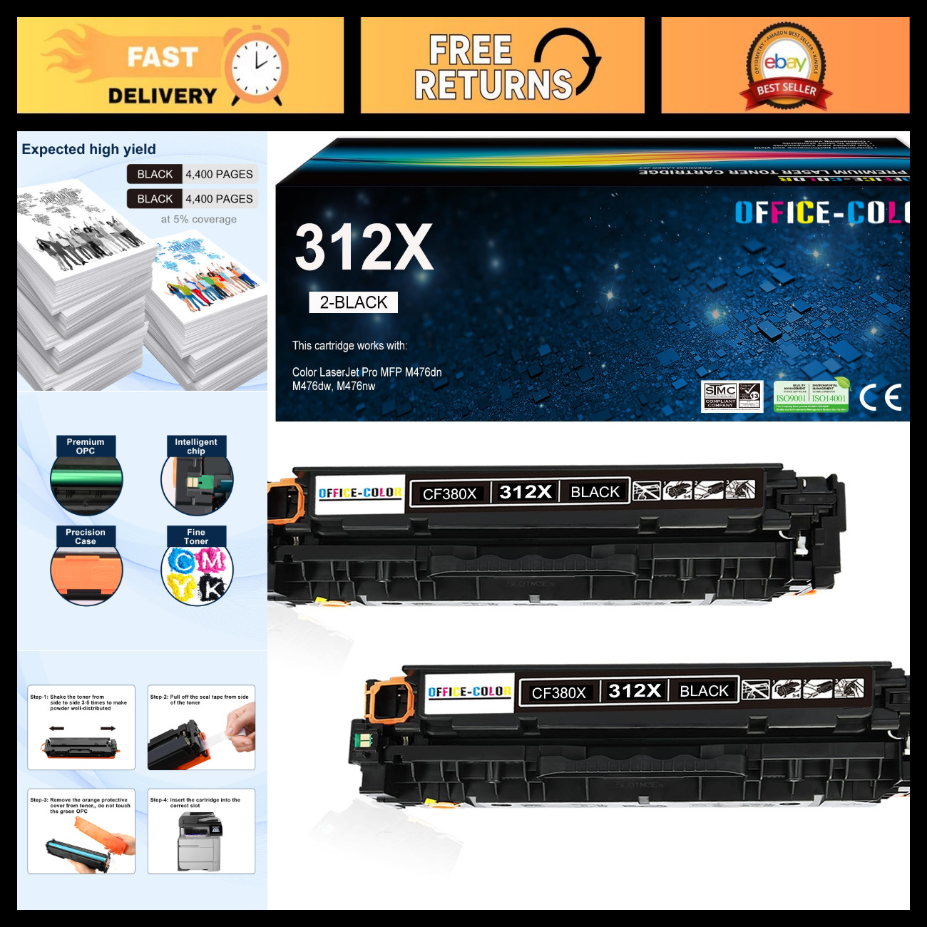 High-Yield Black Toner Cartridges for HP 312A 312X M476nw M476dn M476dw - 312X