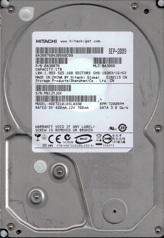 Hitachi HDE721010SLA330 P/N: 0A38876 MLC: BA3066 China 1TB