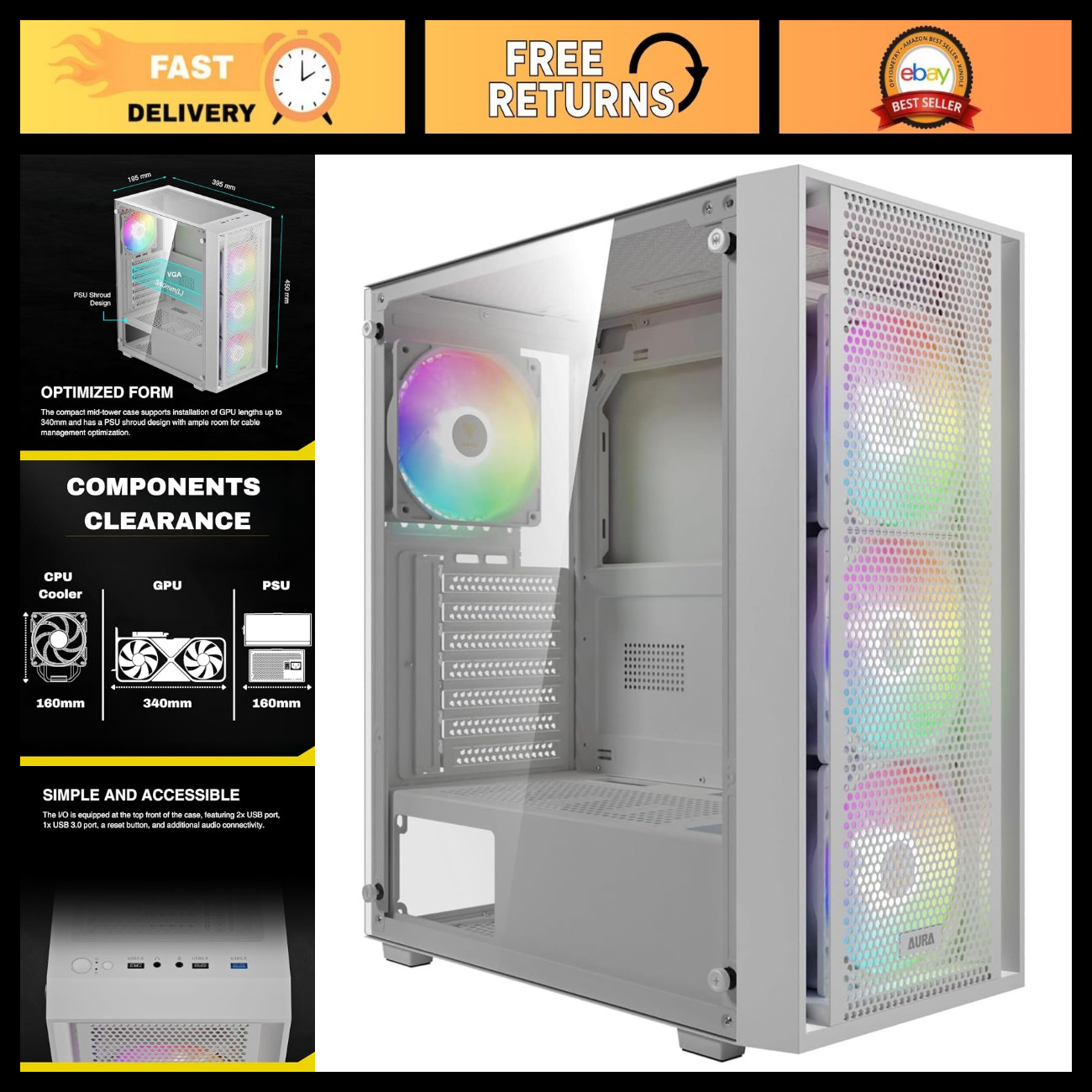 White ATX Mid Tower Gaming PC Case, Tempered Glass, 4 ARGB Fans, 6 Fan Support,