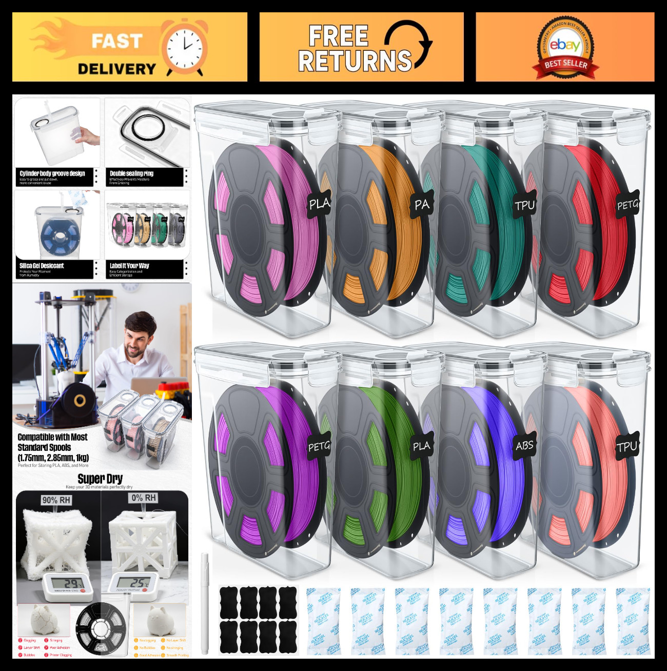 8 Pack Portable 3D Printer Filament Storage Box - Waterproof, Dustproof, Sealed