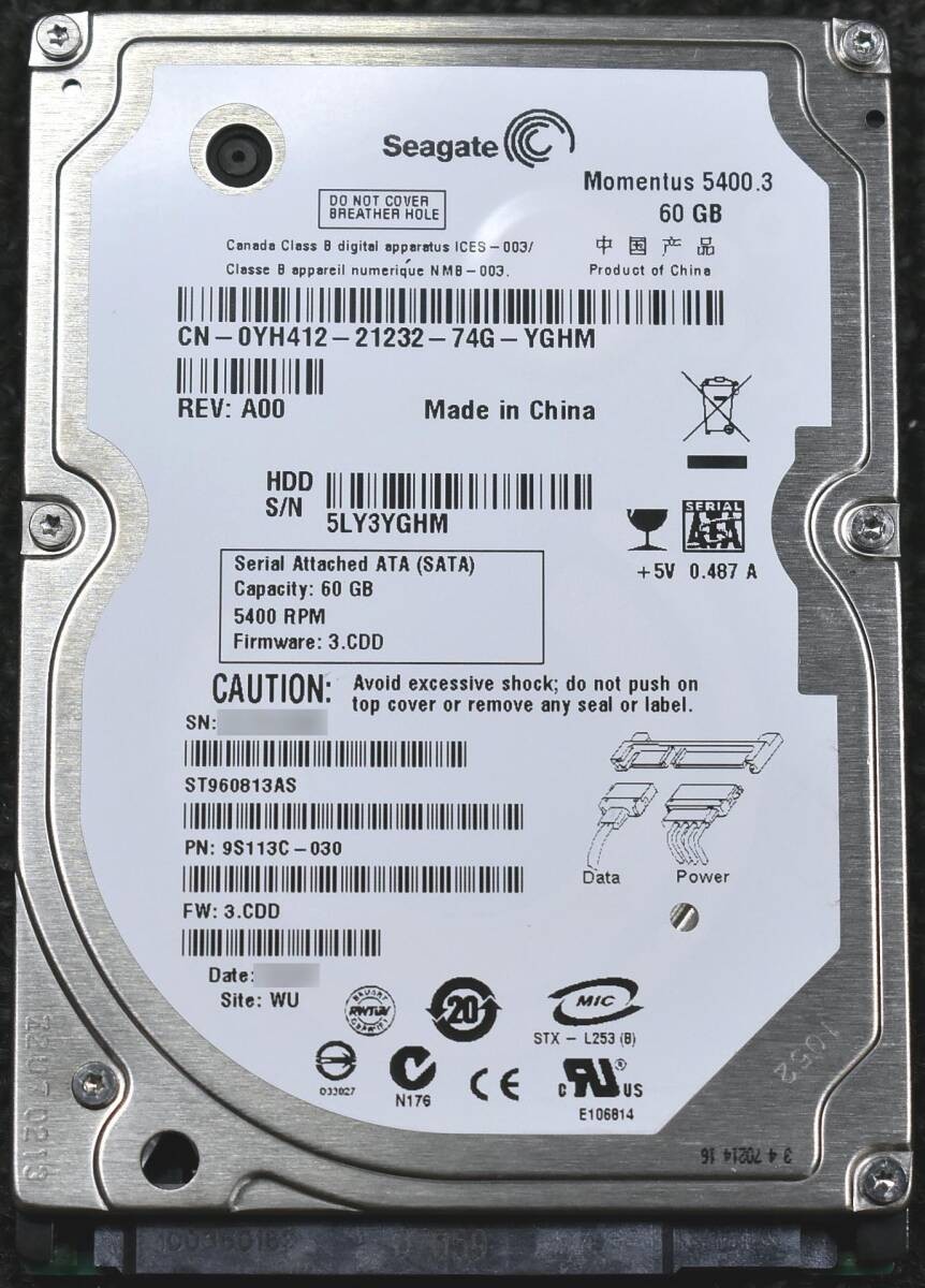 Seagate ST960813AS [60GB 2.5-inch 9.5mm SATA HDD Usage time 7275H (Crystal DiscI