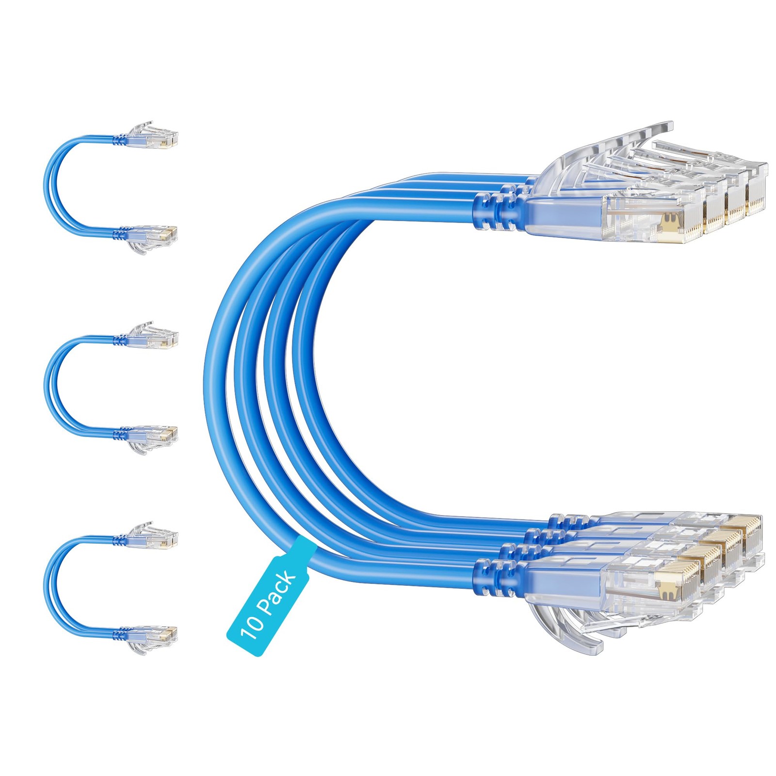 10-Pack Cat6 Slim Patch Cables 1ft Blue Copper 10Gbps 550MHz Flexible Thin UTP 