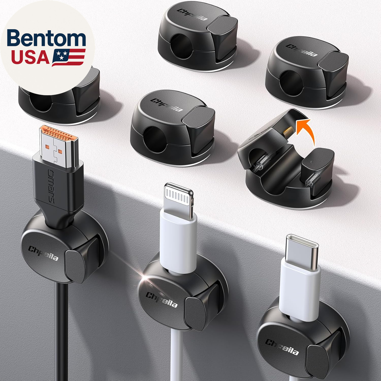 8 Pack Cable Clips [Dual Spring & Clasp] Cable Management, Max Secure Adhesive C