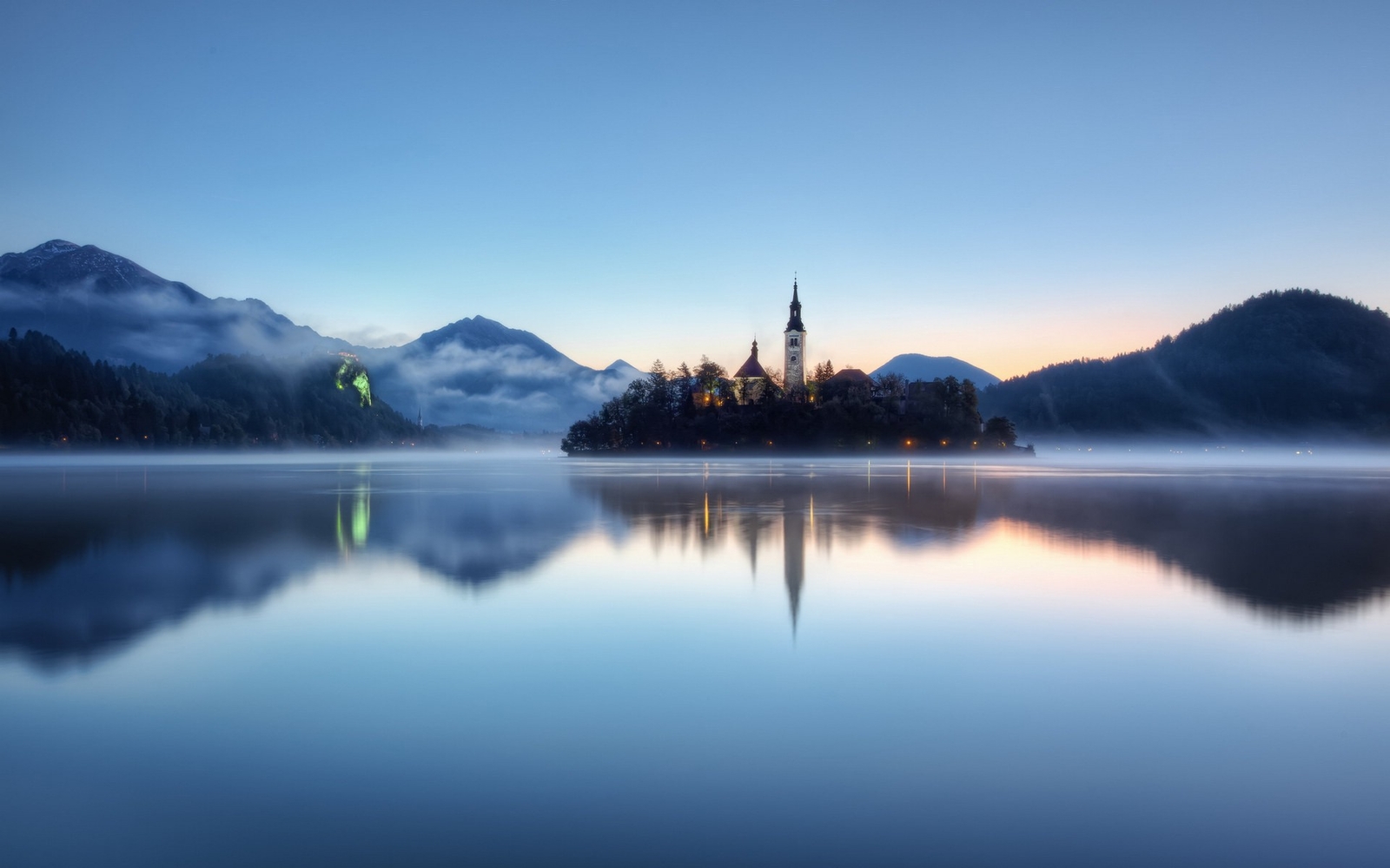 Landscape lake tower calm sunset hills slovenia bled Custom Gaming Mat Desk