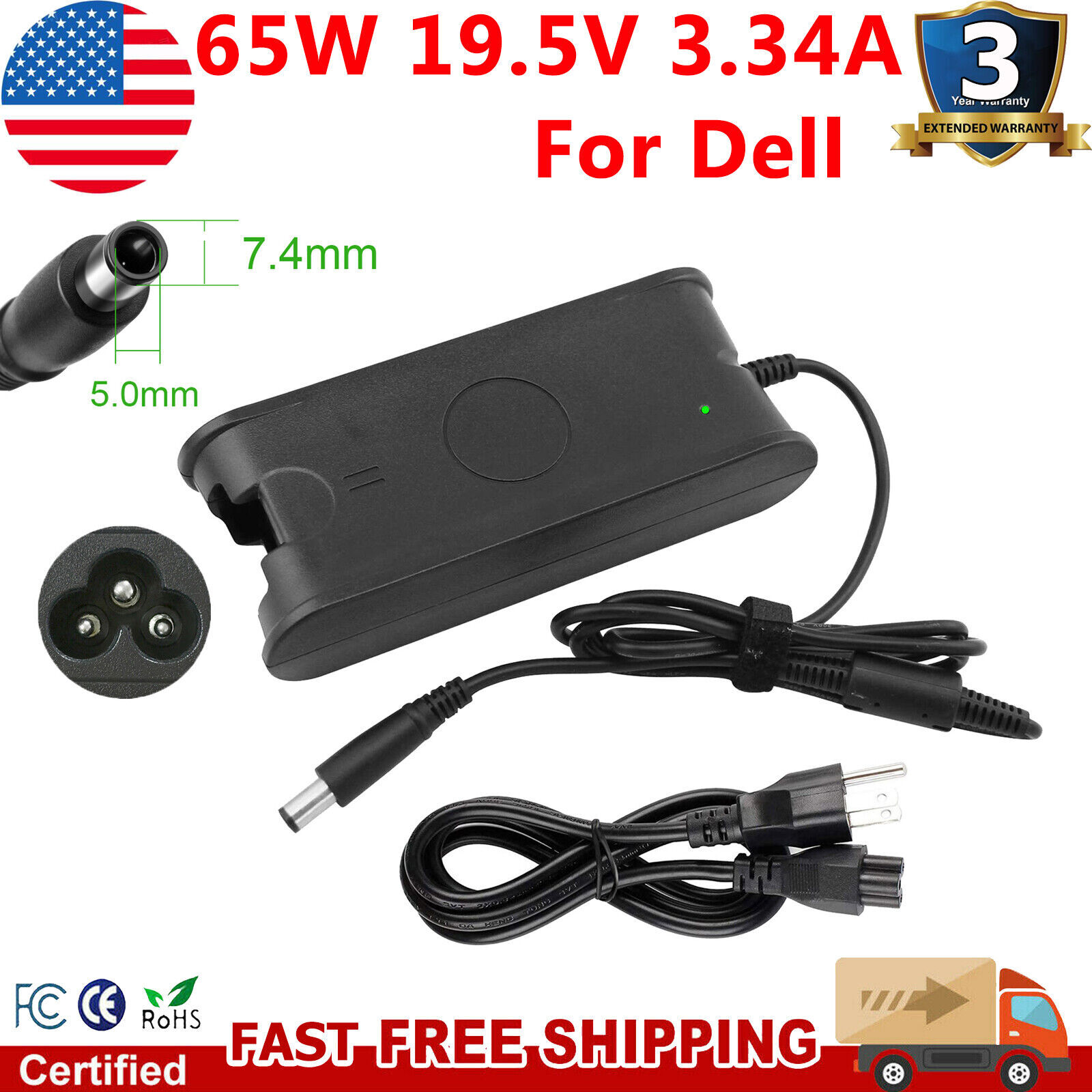 65W AC Adapter For Dell Latitude 5300 2-In-1 / 5400 Chrome Laptop Power Charger