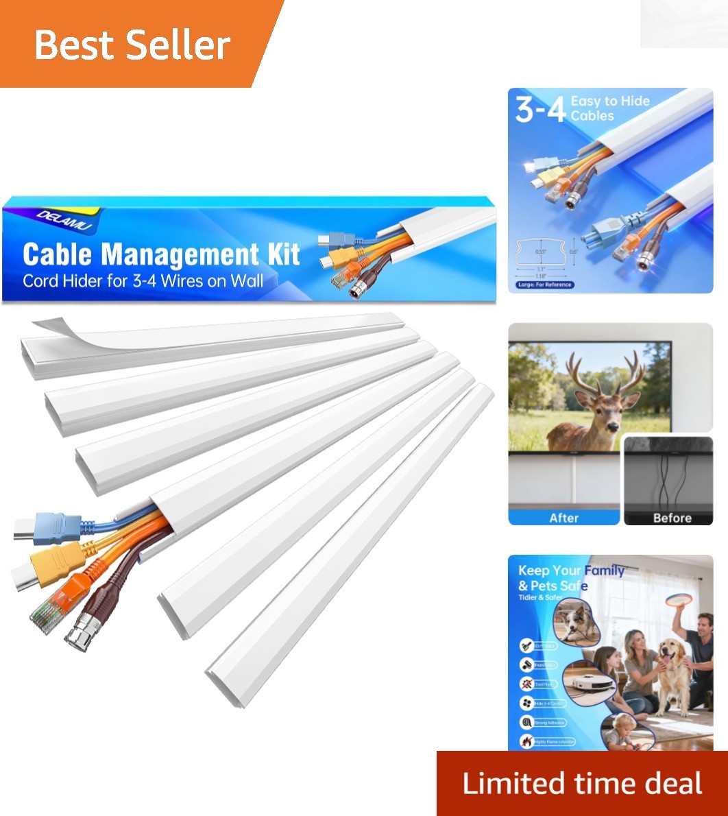 Elegant White TV Cord Hider for 3-4 Cables, Easy DIY Installation (85in)