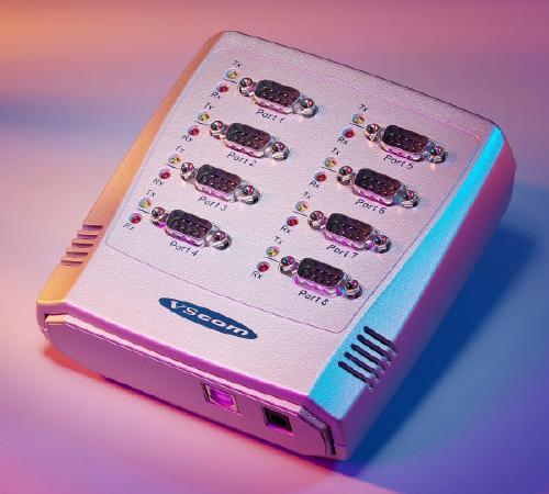 VSCom USB to 8-port serial adapter, RS232, transmit/receive lights, FTDI chipset
