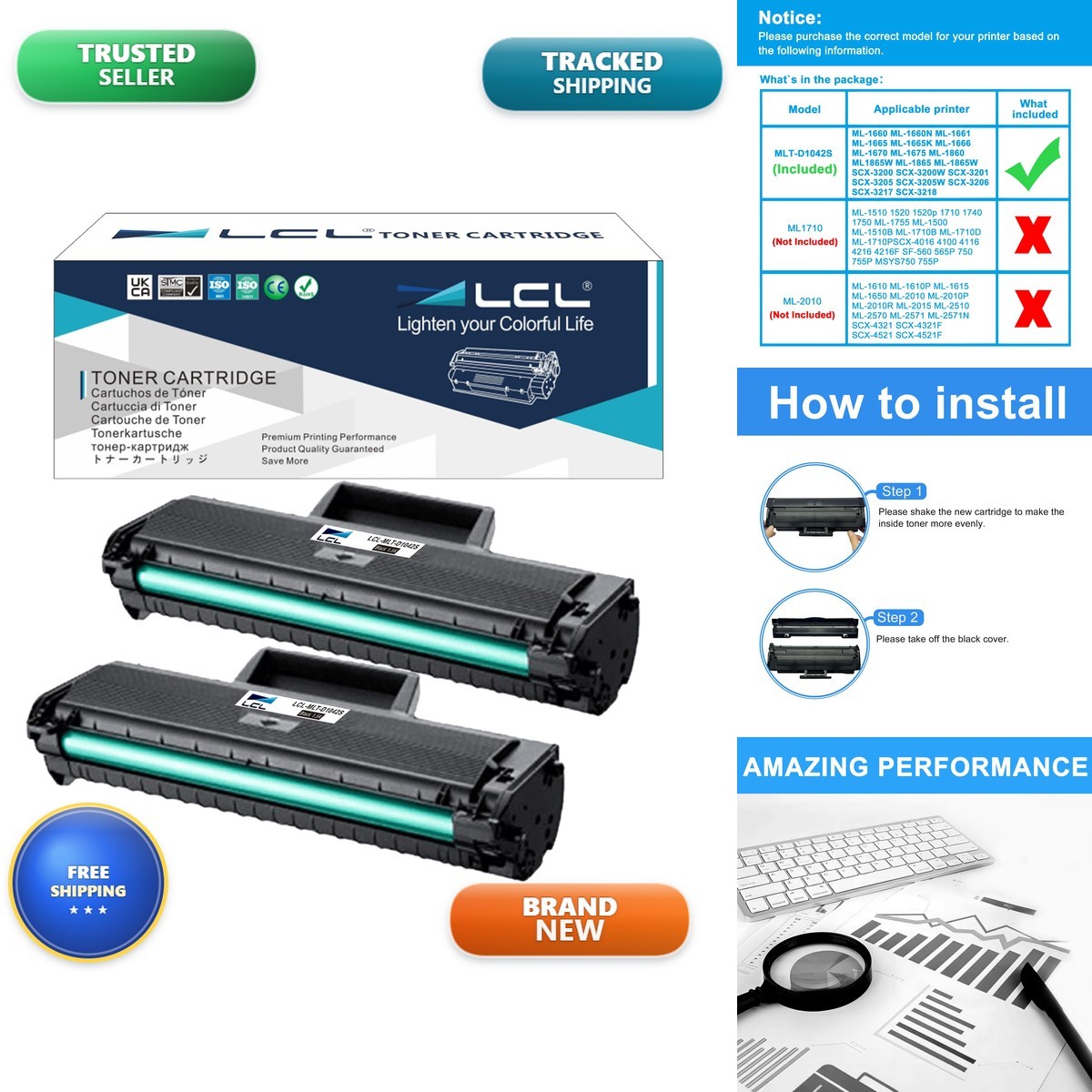 LCL MLT-D104S Toner Cartridge for Samsung ML-1660 SCX-3205W (2-Pack Black)