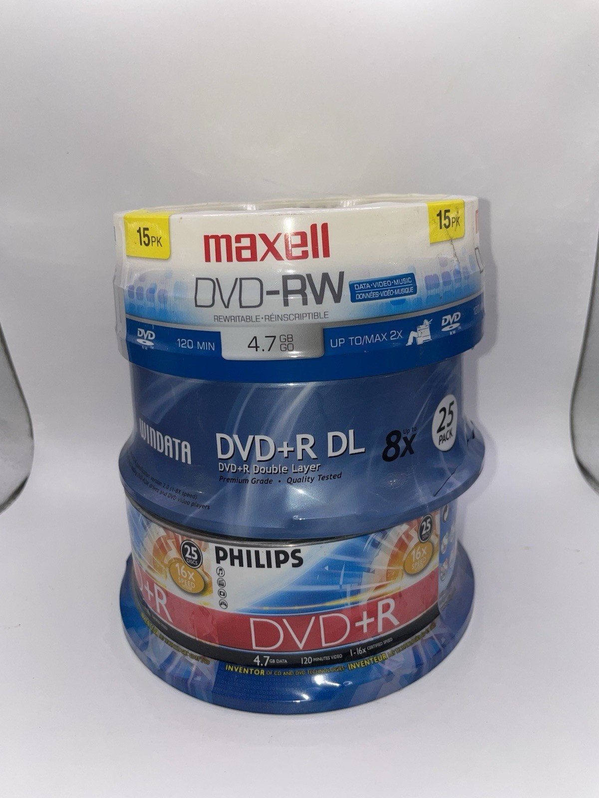 Phillips DVD+R  25 Pk Windata DVD+R DL 25 PK And Maxell DVD-RW 15 Pack Total 65