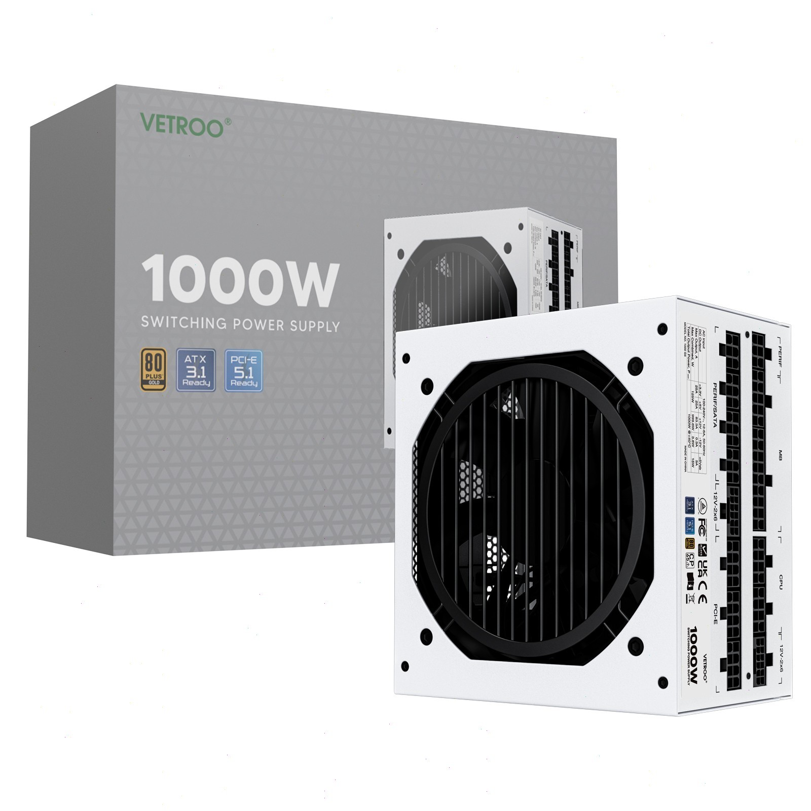 Vetroo 1000W Power Supply ATX 3.1 PCIE 5.1 Full Modular 80 Plus Gold PSU - White