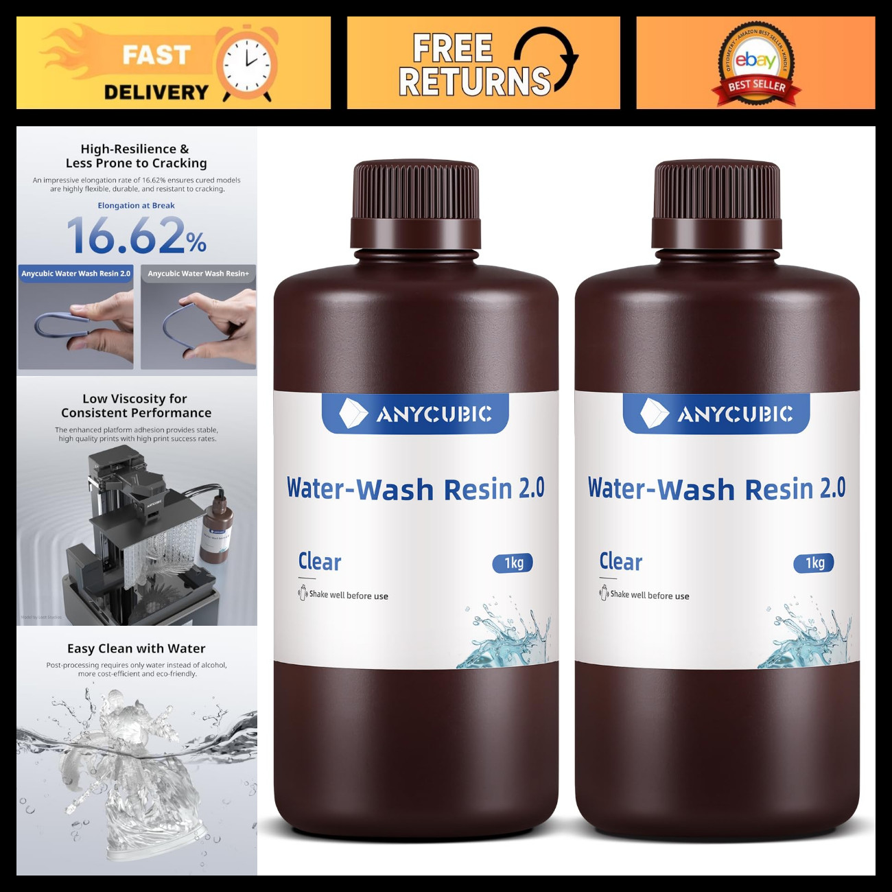 High Precision 3D Printer Resin, Water Washable UV-Curing Photopolymer, 2000g