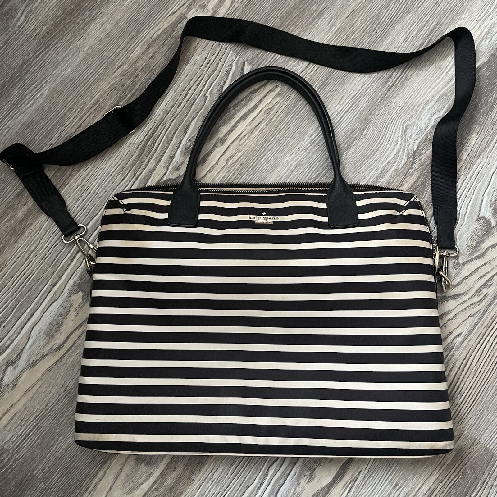 Kate Spade Classic  Daveney Nylon Laptop Bag Black And White Striped 16x12