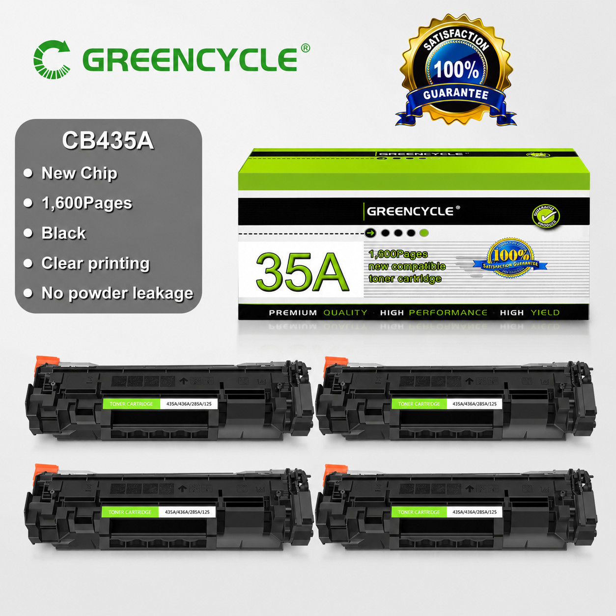 GREENCYCLE 4 Pack CB435A 35A Black Toner for HP LaserJet P1005 P1006 P1007 P1009