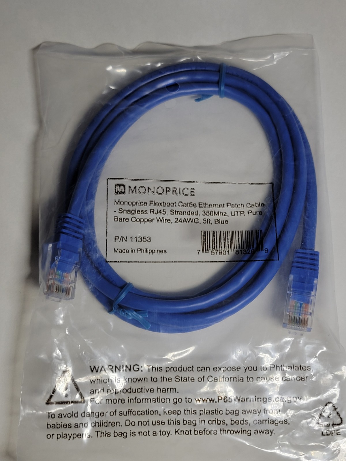 Lot Of 7 New Monoprice	5' 350 MHz Cat 5E Ethernet Patch Cord, Blue 5 Ft.