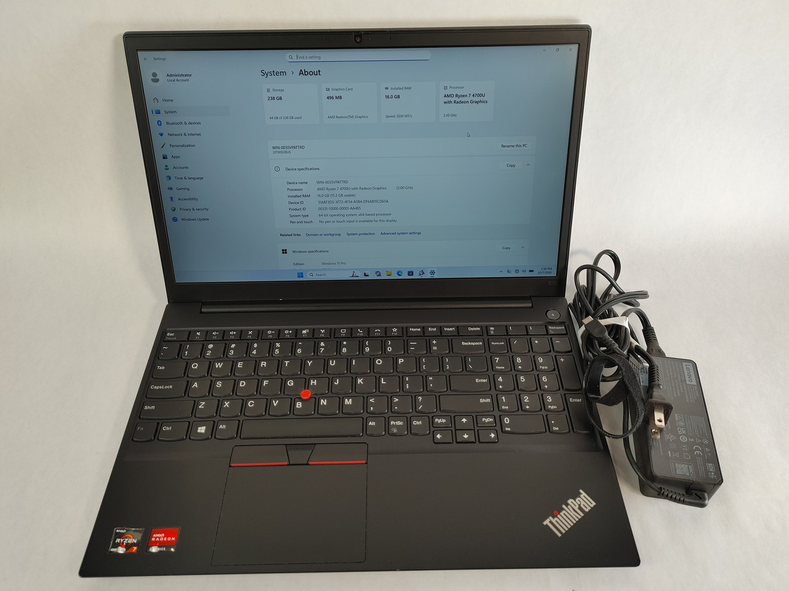 Lenovo ThinkPad E15 Gen 2 Ryzen 7 4700U 2.00 GHz 16 GB DDR4 256 GB NVMe Windows