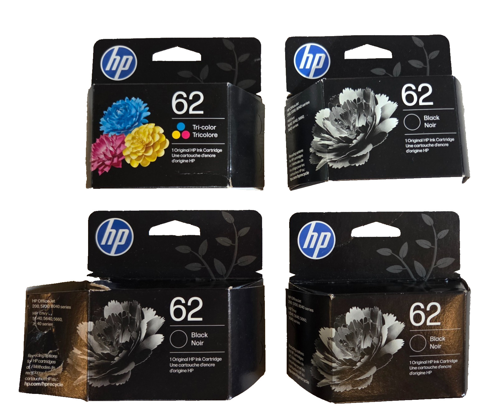 4 pack of Brand New HP62 Ink Cartridges (3 Black, 1 Color)