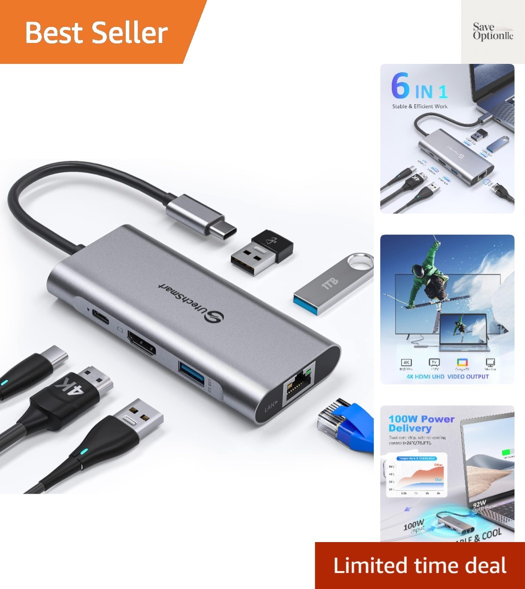 6-in-1 USB C Hub with 4K HDMI and 100W Power Delivery for All Devices