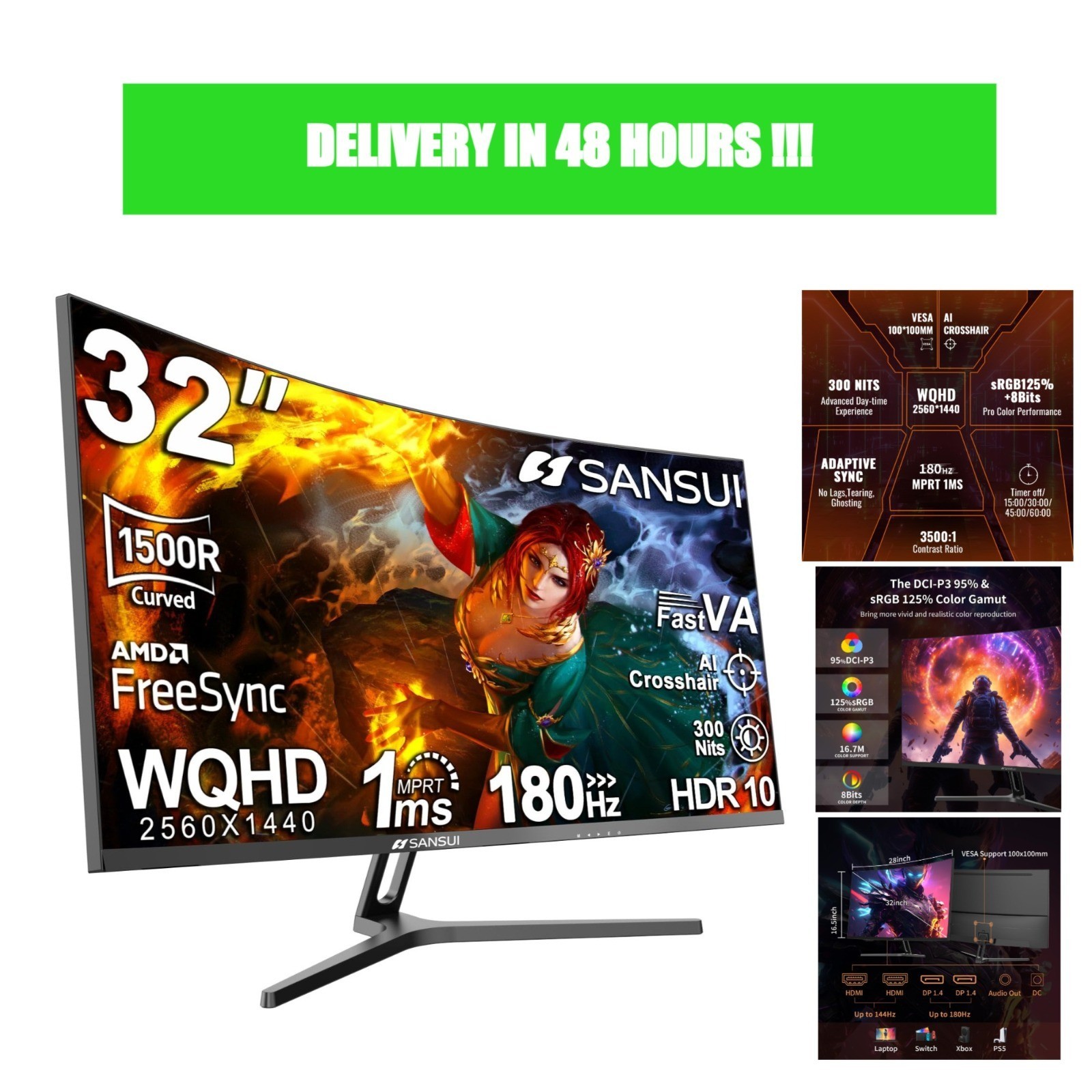 SANSUI 32in Curved Gaming Monitor WQHD 2560x1440 180Hz 1ms HDR