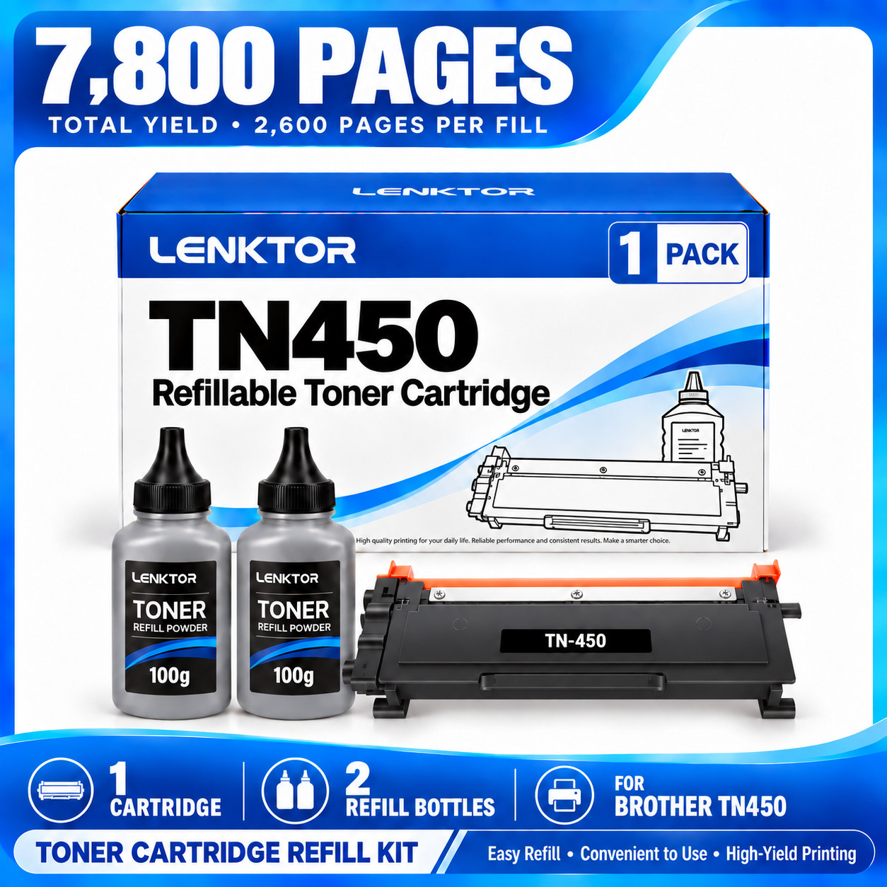 TN450 Compatible Toner With 2 Bottles 1PK BK for HL-2270DW HL-2275DW HL-2280DW