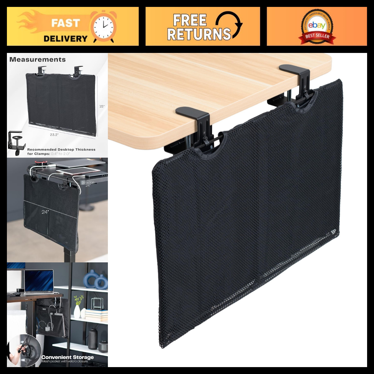 24" Black Desk Cable Management Sleeve, Clamp-On Organizer for Clean Workspace