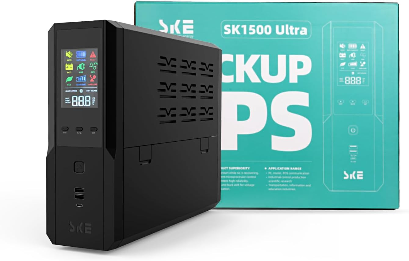 SKE 1500VA/900W Small UPS Battery Backup & Surge Protector for Computer UPS Unin