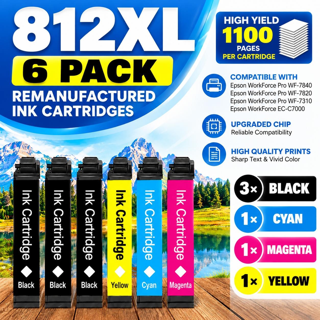 812X Ink 6-Pack for Epson WF-7840 7820 7310 EC-C7000 3-BK C M Y