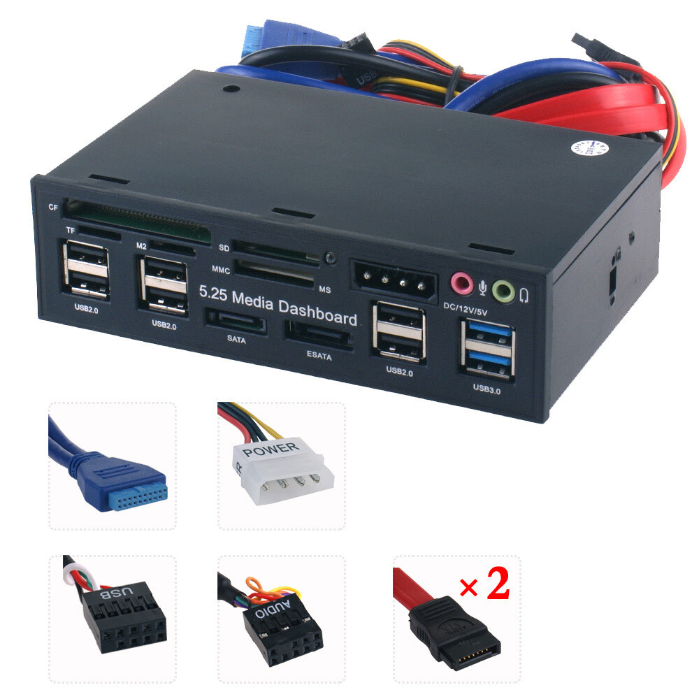 5.25" Desktop Media Dashboard Front Panel eSATA USB 3.0 & 2.0 Hubs Card Reader