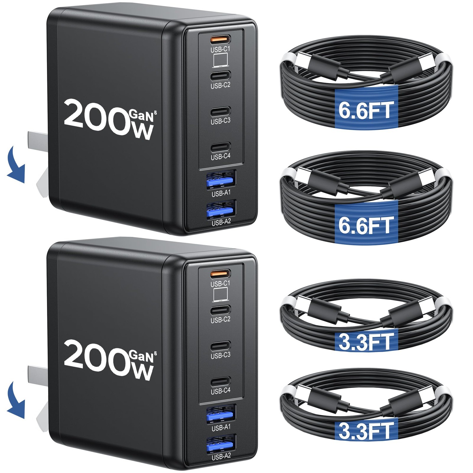 2 Pack 200W USB C Charger with 4 Cables, 6-Port Wall Charger, Black