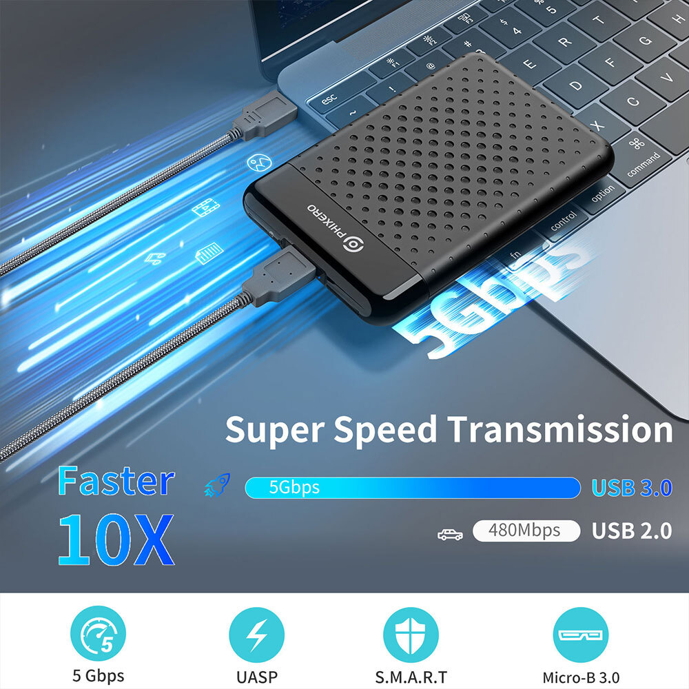 PHIXERO 2.5 Inch USB 3.0 Type C SATA III Hard Drive HDD/SSD Enclosure Case