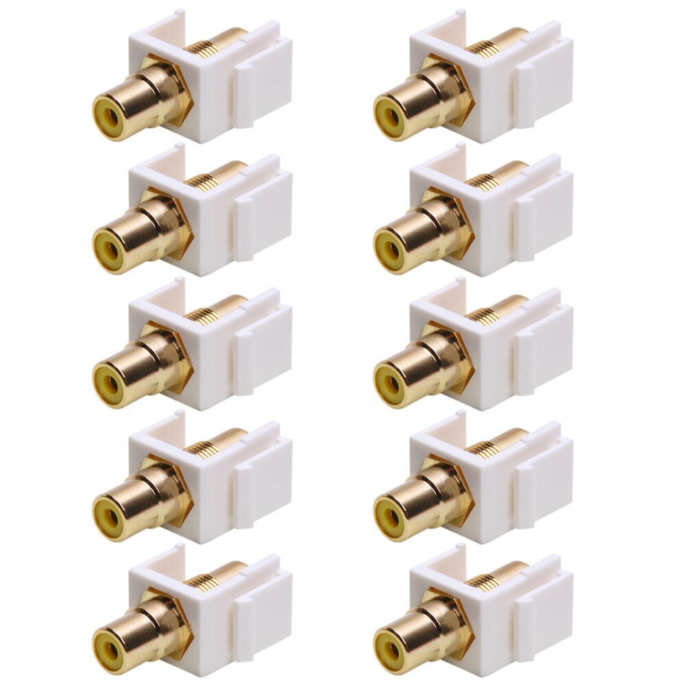 10 Pcs RCA Keystone Jack Coupler Audio Video Snap In Insert Yellow Center White