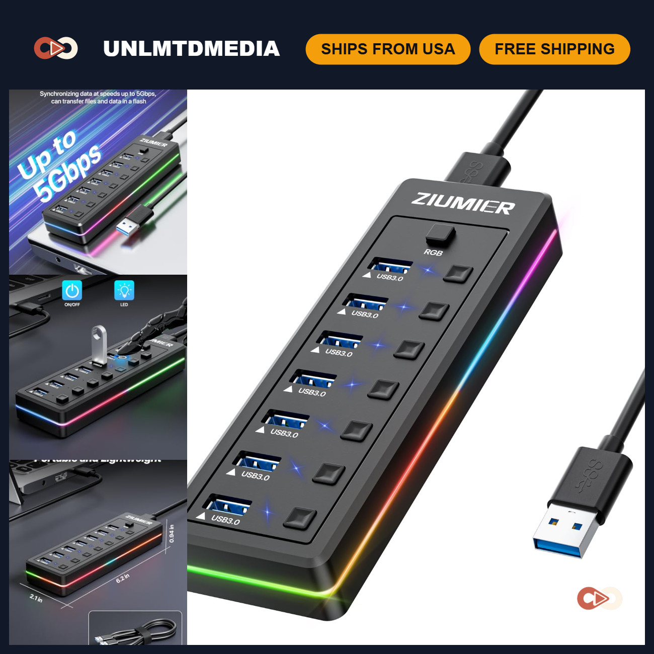 7-Port USB Hub with RGB LED Strip, USB Splitter for PC & Gaming Accessories