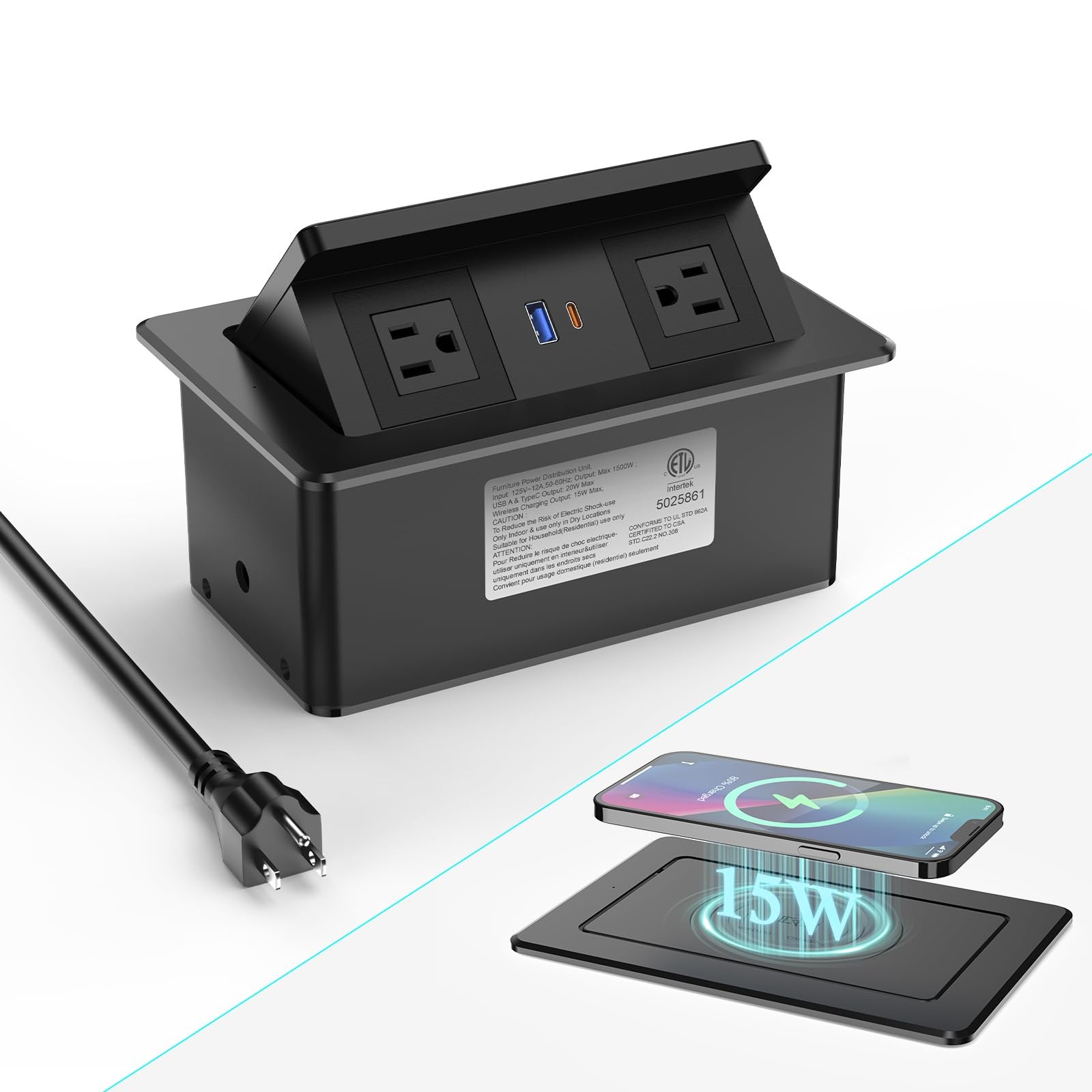 Pop Up Outlet for Countertop with 20W USB C, Pop up Power Outlet with 15W Wirele