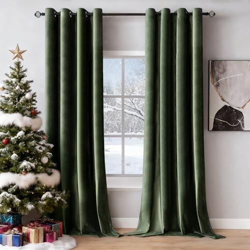 Velvet Blackout Curtains 52 x 84 Inch 52"W x 84"L (Pack of 2) Olive Green