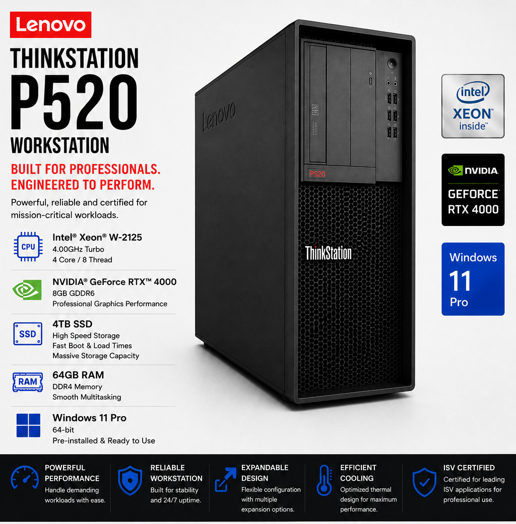 CUSTOM - NEW Lenovo ThinkStation P520 Intel Xeon Nvidia RTX4000 4TB SSD 64GB RAM
