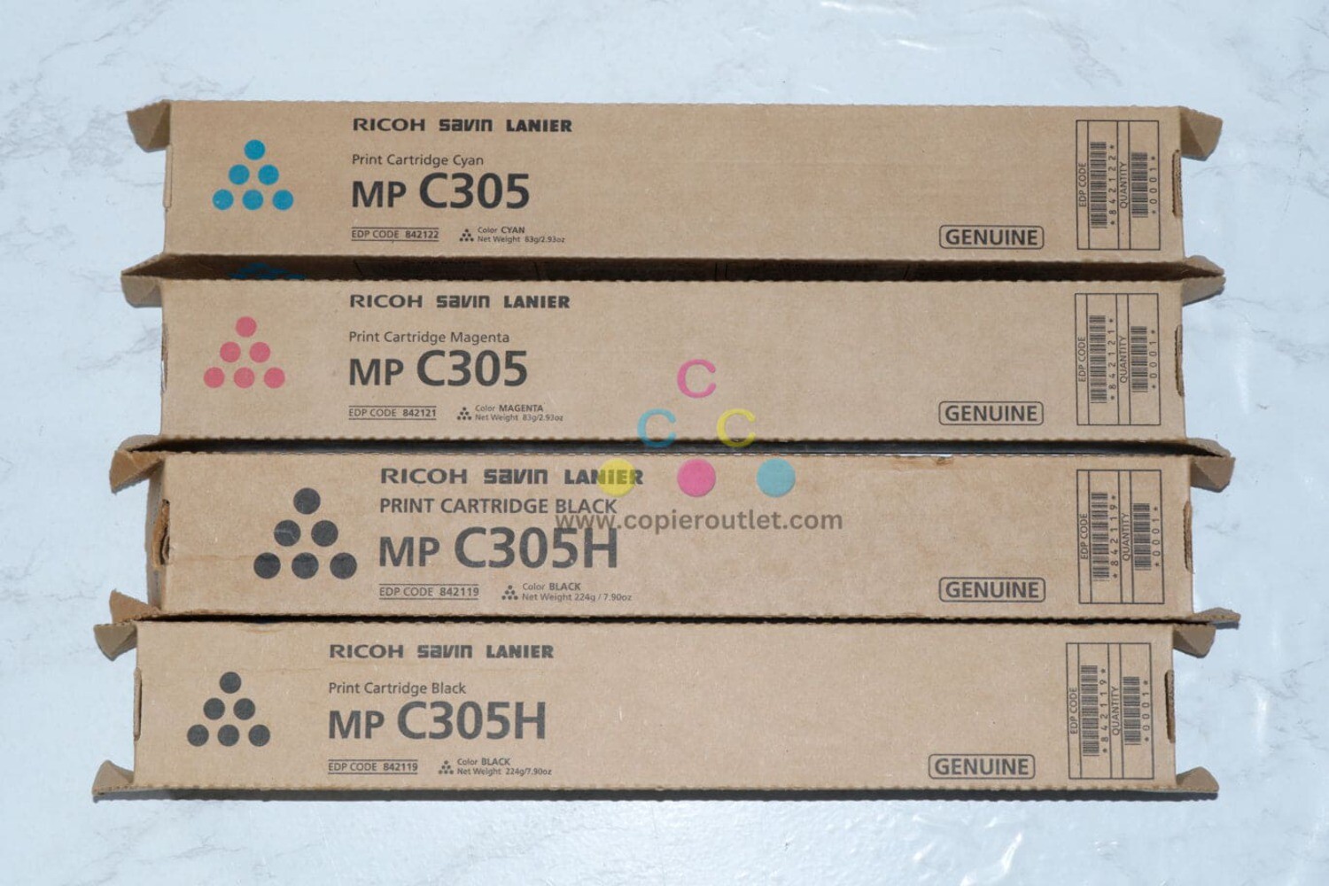 4 OEM Ricoh MP C305, 305H Cyan Mag & Black CMKK Toners 842122, 842121, 842119