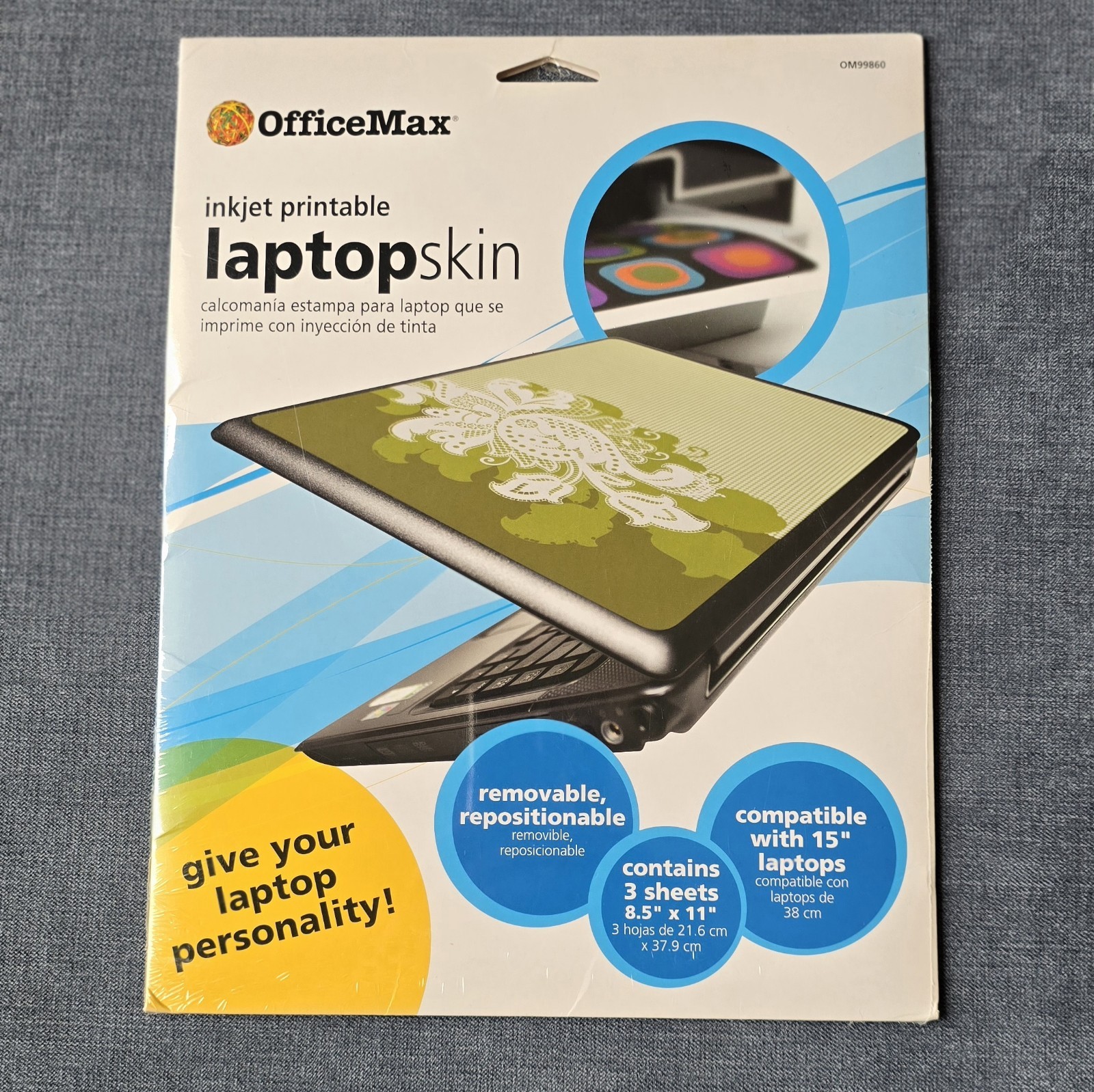 OfficeMax Inkjet Printable Laptop Skin  3 Sheets 8.5"x11"  Fits 15" Laptops  NEW