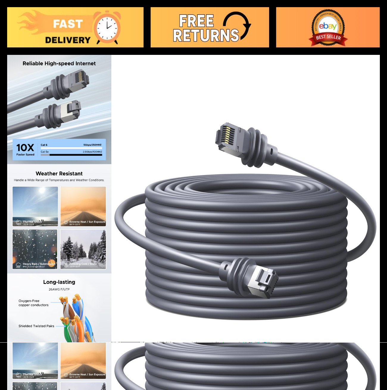 150FT Ethernet Cable for Starlink, Cat 6, 5Gbps, Waterproof, Durable, High Speed